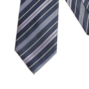 Bergamo New York Silk Tie Men’s 60.5" Navy Purple Stripe Polyester Designer Wide